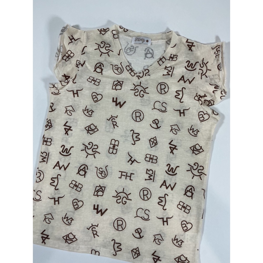 Tanz Western Cattle Brand Ruffle Sleeve V-Neck Top Size S